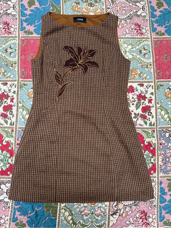 Cider Dresses & Skirts - Weighted Mini Dress Cider Brown Houndstooth Floral Sleeveless Shift Sz L
